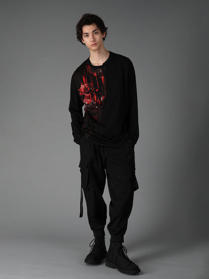 FLORAL STRIPED & COTTON JERSEY CUT-OFF LONG-SLEEVED T-SHIRT