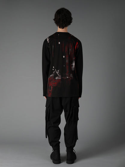 FLORAL STRIPED & COTTON JERSEY CUT-OFF LONG-SLEEVED T-SHIRT