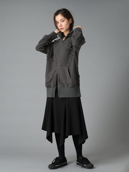 DAMAGE JACQUARD FRENCH TERRY NECK RIB CUT-OFF SEAM HOODIE