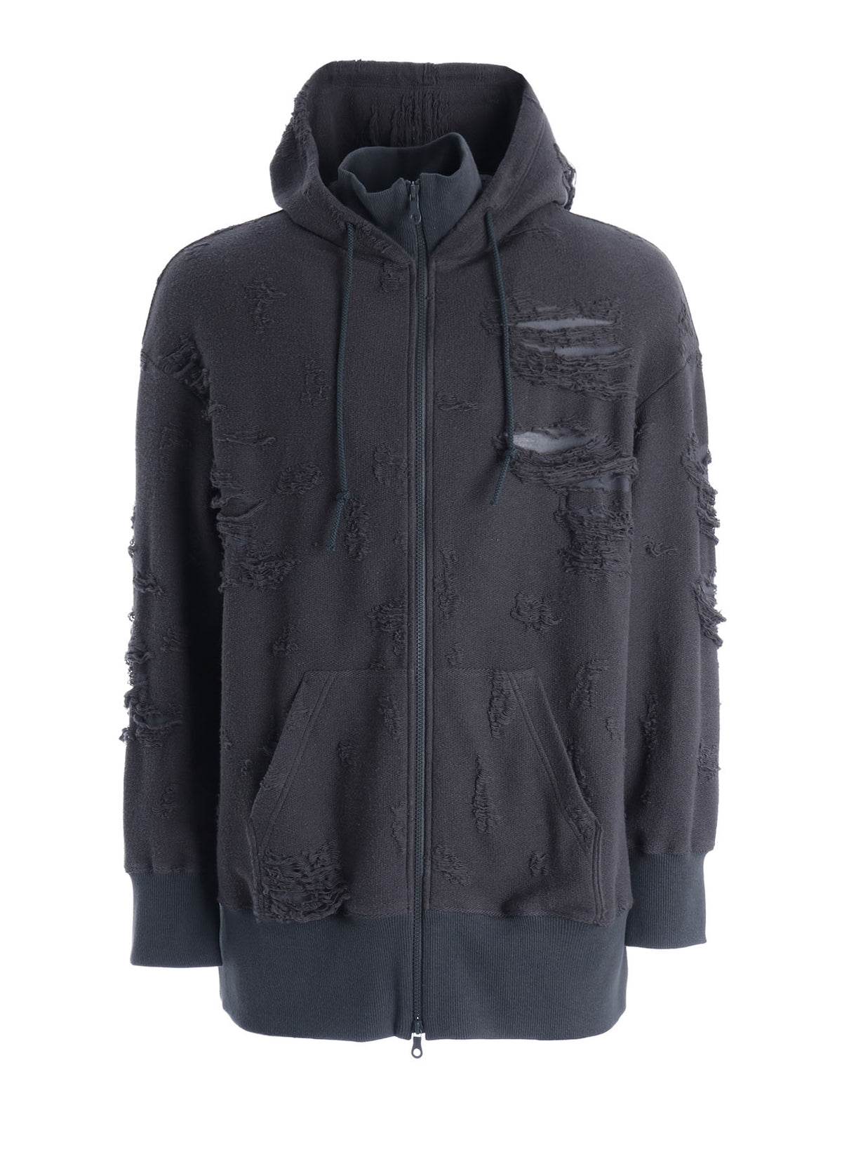 DAMAGE JACQUARD FRENCH TERRY NECK RIB CUT-OFF SEAM HOODIE