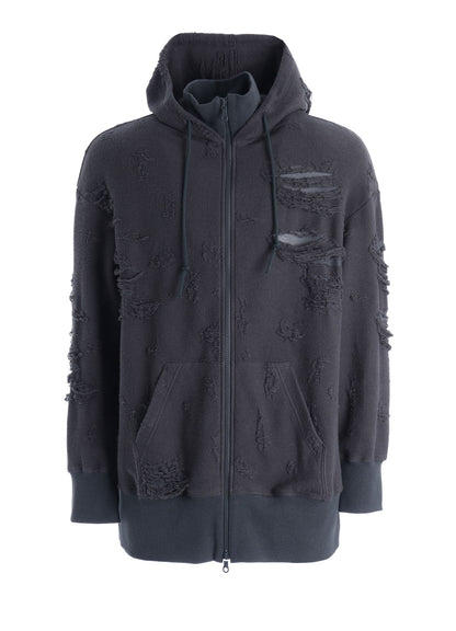 DAMAGE JACQUARD FRENCH TERRY NECK RIB CUT-OFF SEAM HOODIE