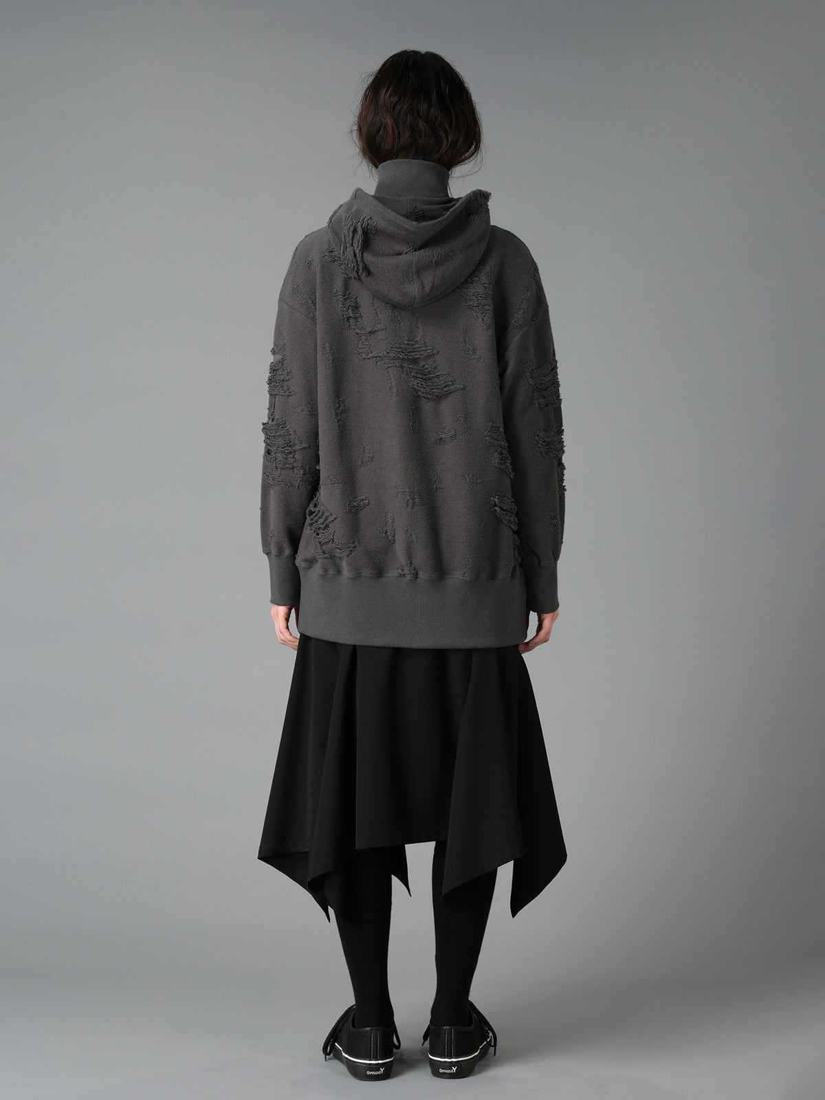 DAMAGE JACQUARD FRENCH TERRY NECK RIB CUT-OFF SEAM HOODIE