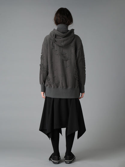 DAMAGE JACQUARD FRENCH TERRY NECK RIB CUT-OFF SEAM HOODIE