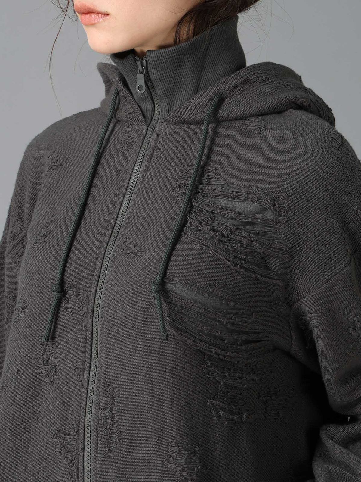 DAMAGE JACQUARD FRENCH TERRY NECK RIB CUT-OFF SEAM HOODIE