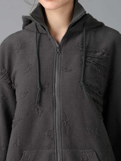 DAMAGE JACQUARD FRENCH TERRY NECK RIB CUT-OFF SEAM HOODIE