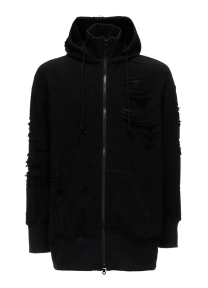 DAMAGE JACQUARD FRENCH TERRY NECK RIB CUT-OFF SEAM HOODIE
