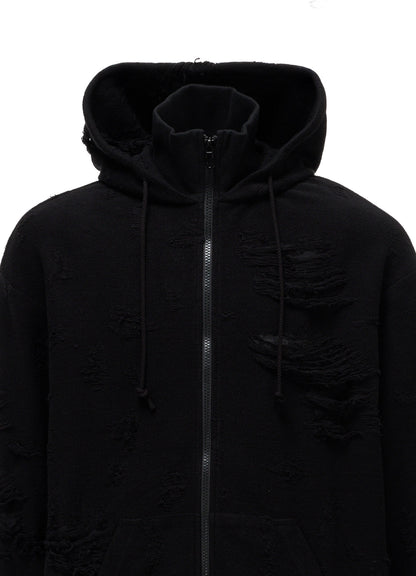 DAMAGE JACQUARD FRENCH TERRY NECK RIB CUT-OFF SEAM HOODIE