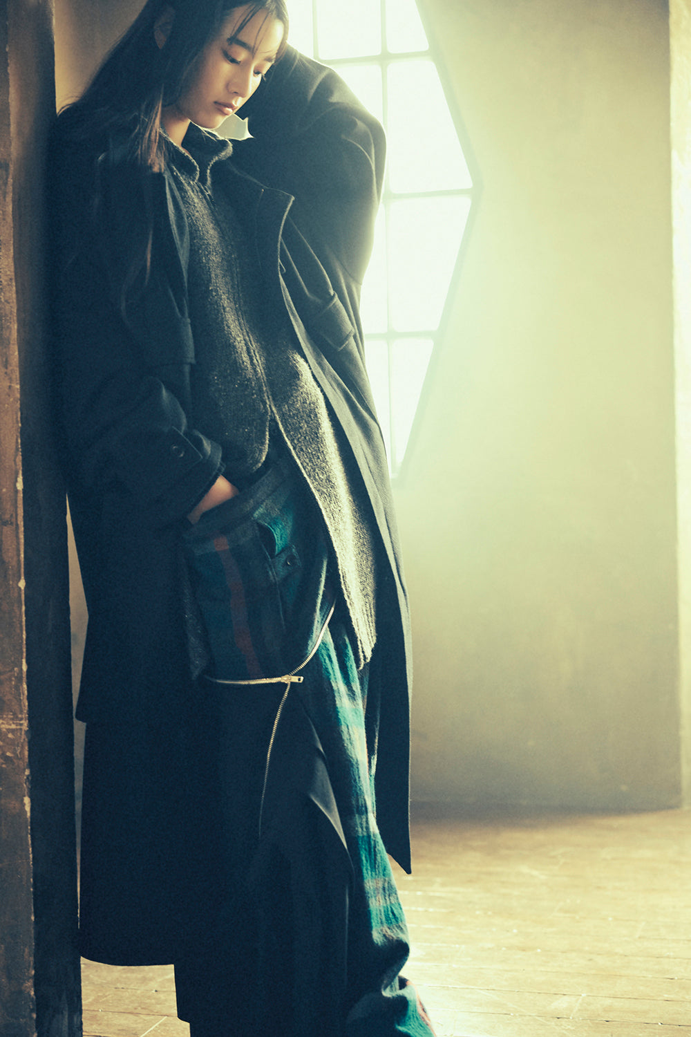 W/GABARDINE DOUBLE GAUZE  PLEATED WRAP PANTS