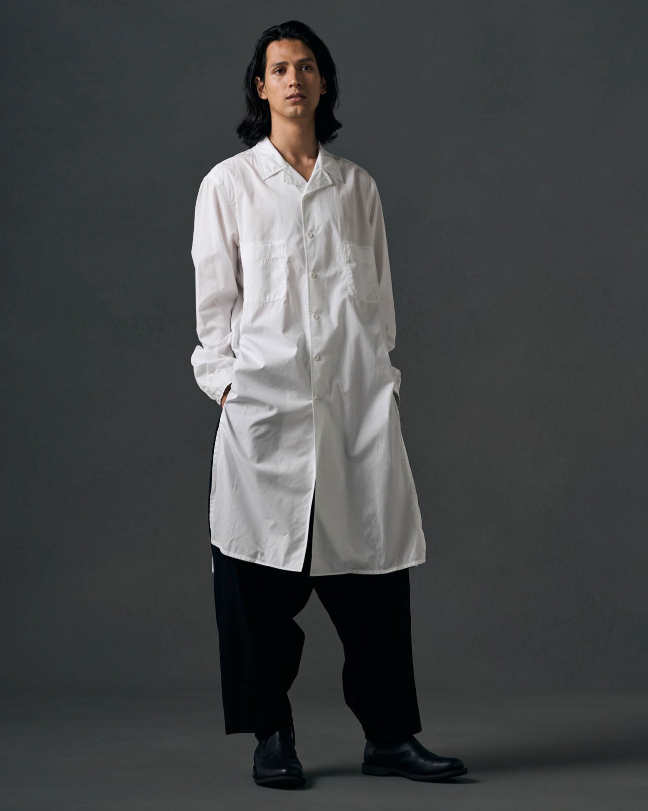 COTTON BROADCLOTH OPEN COLLAR LONG SHIRT