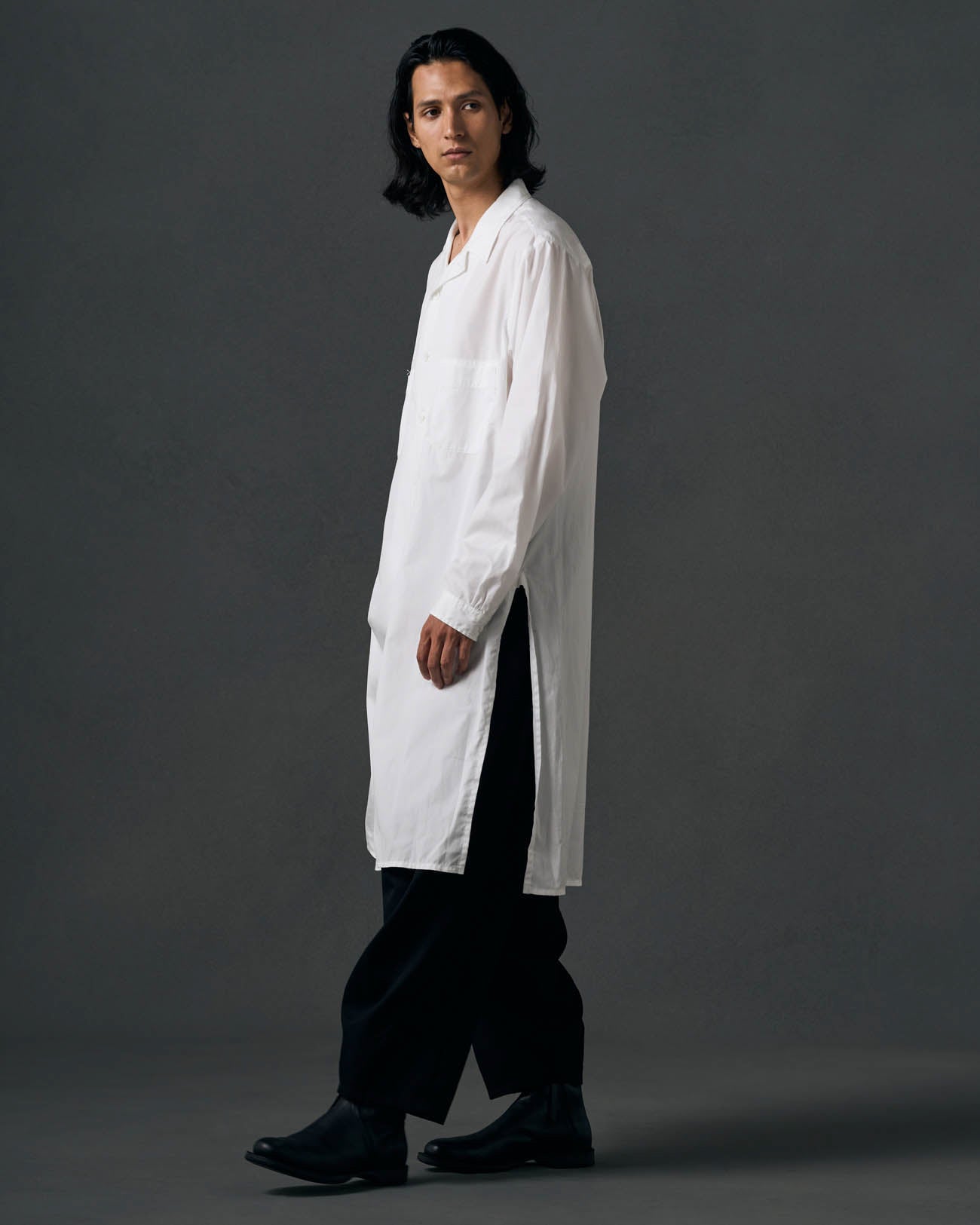 COTTON BROADCLOTH OPEN COLLAR LONG SHIRT