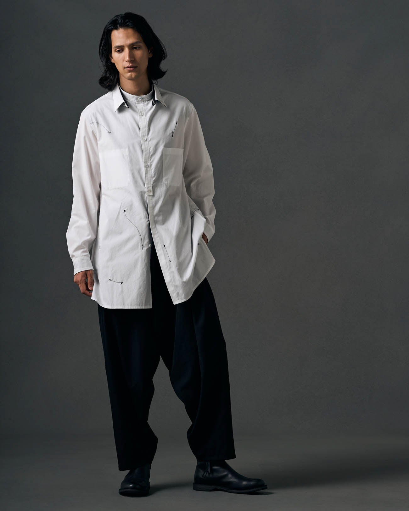 COTTON BROADCLOTH OPEN COLLAR LONG SHIRT