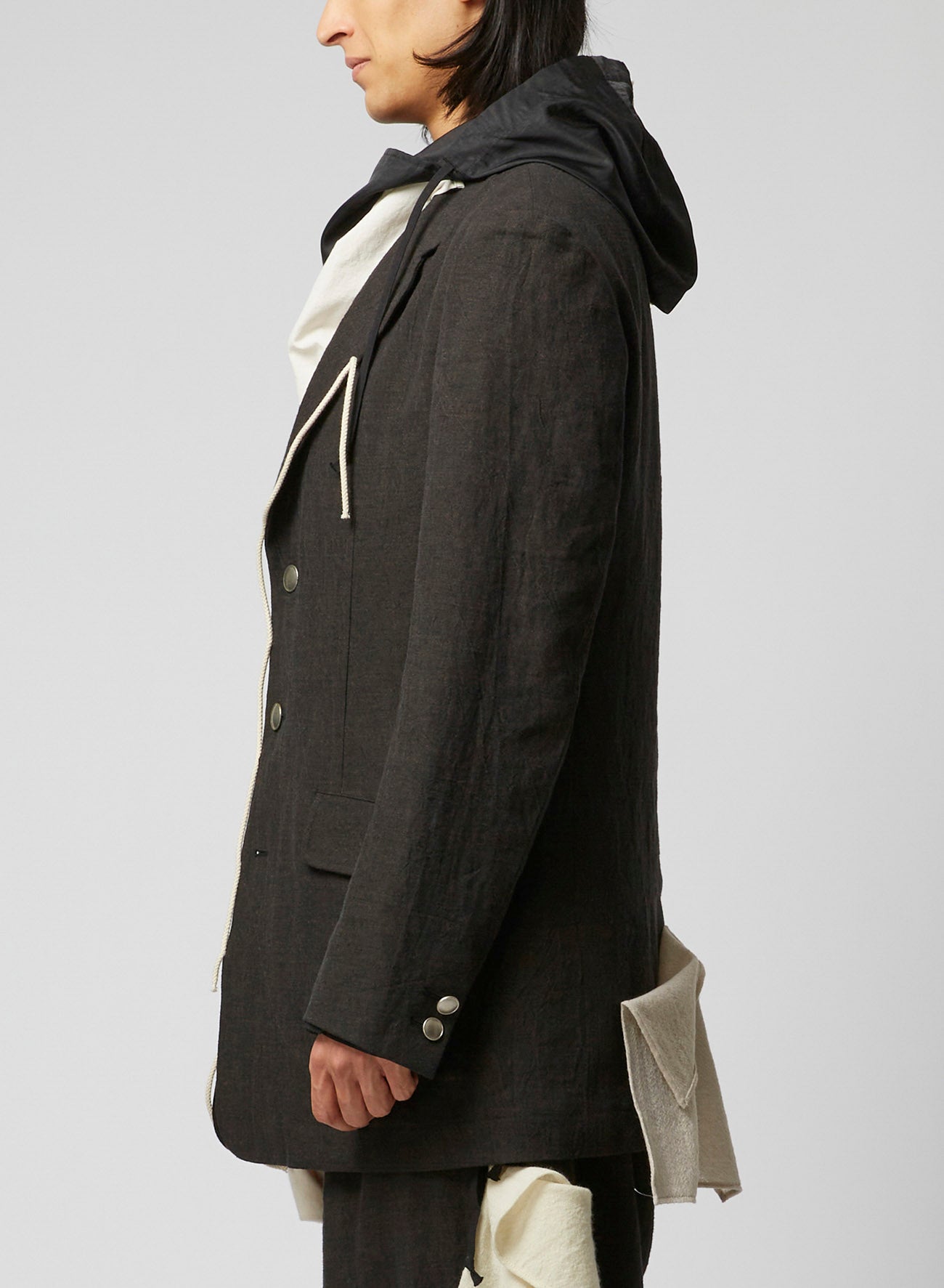 INK BKACK FLAX WOOL CLOTH N-LEFT SIDE DRAPED JKT