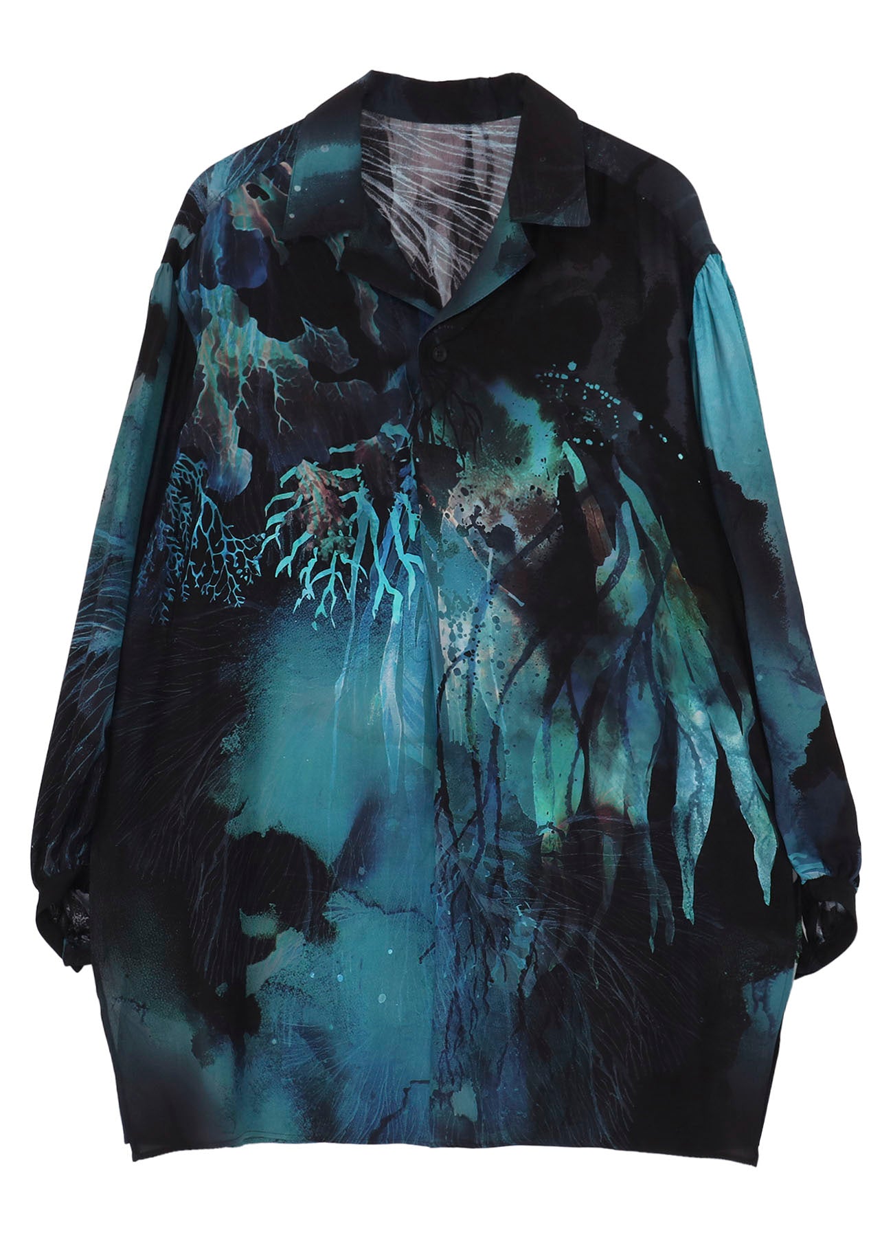 SEA MOTIF PRINTED GATHER OPEN COLLAR BLOUSE