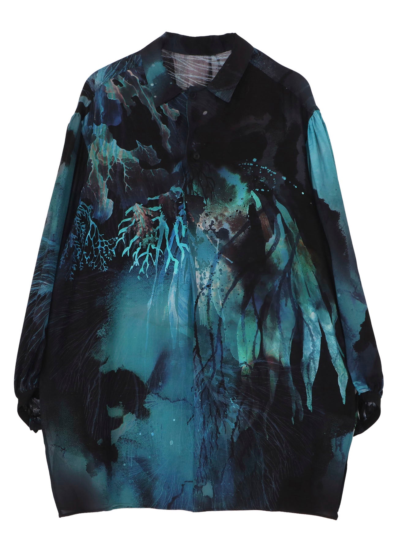 SEA MOTIF PRINTED GATHER OPEN COLLAR BLOUSE