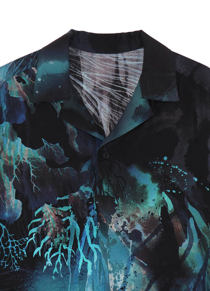 SEA MOTIF PRINTED GATHER OPEN COLLAR BLOUSE