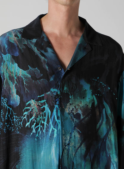 SEA MOTIF PRINTED GATHER OPEN COLLAR BLOUSE