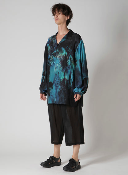 SEA MOTIF PRINTED GATHER OPEN COLLAR BLOUSE