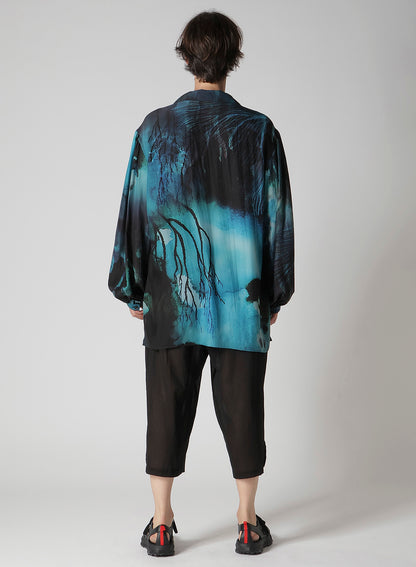 SEA MOTIF PRINTED GATHER OPEN COLLAR BLOUSE