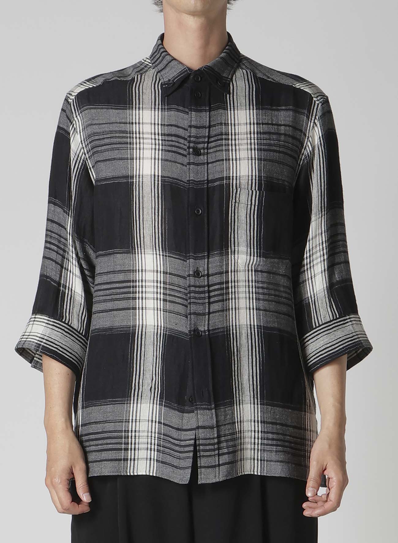 C/ HEMP PLAID BOTTUN DOWN SHORT SLEEVE BLOUSE