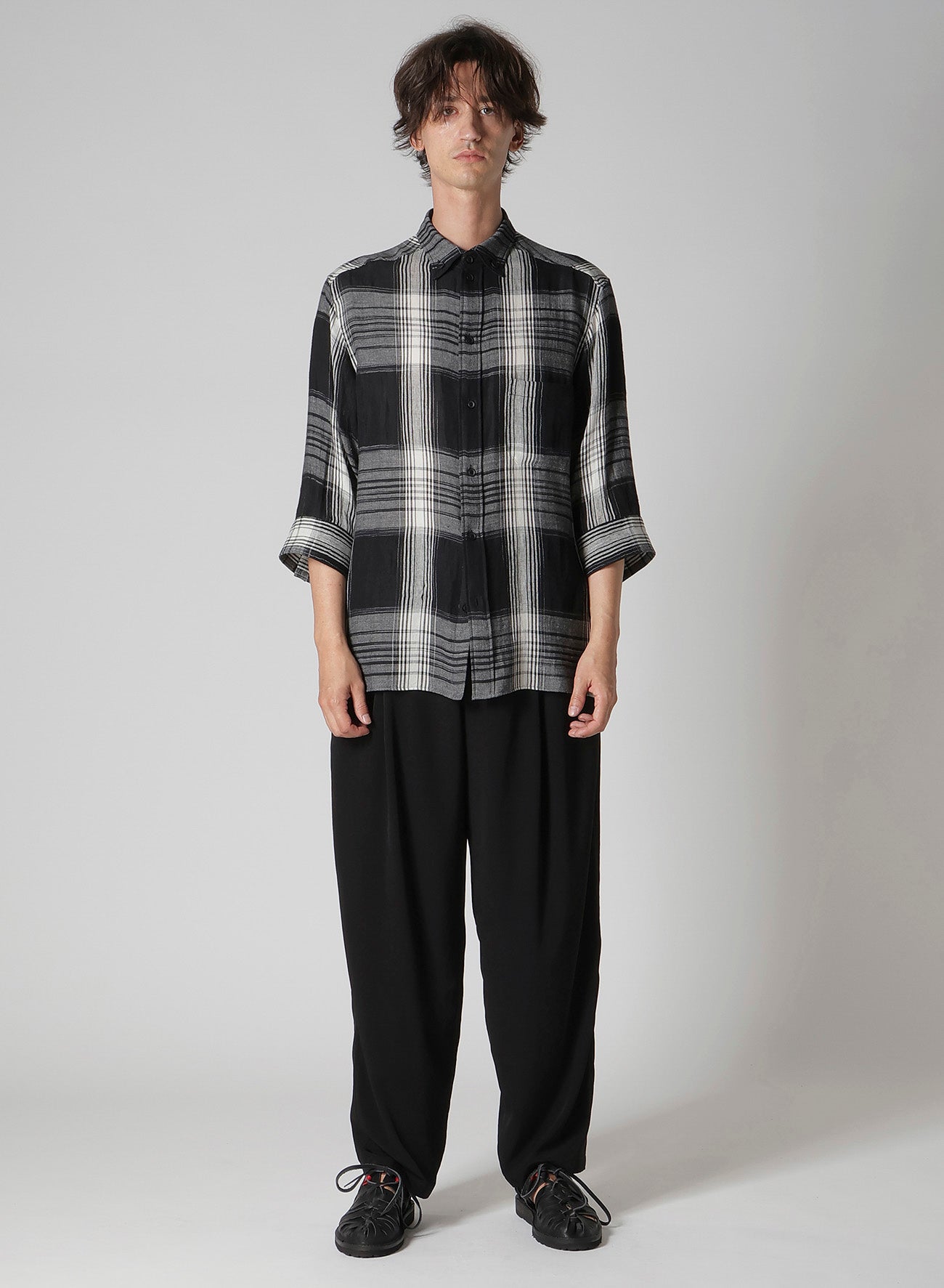 C/ HEMP PLAID BOTTUN DOWN SHORT SLEEVE BLOUSE
