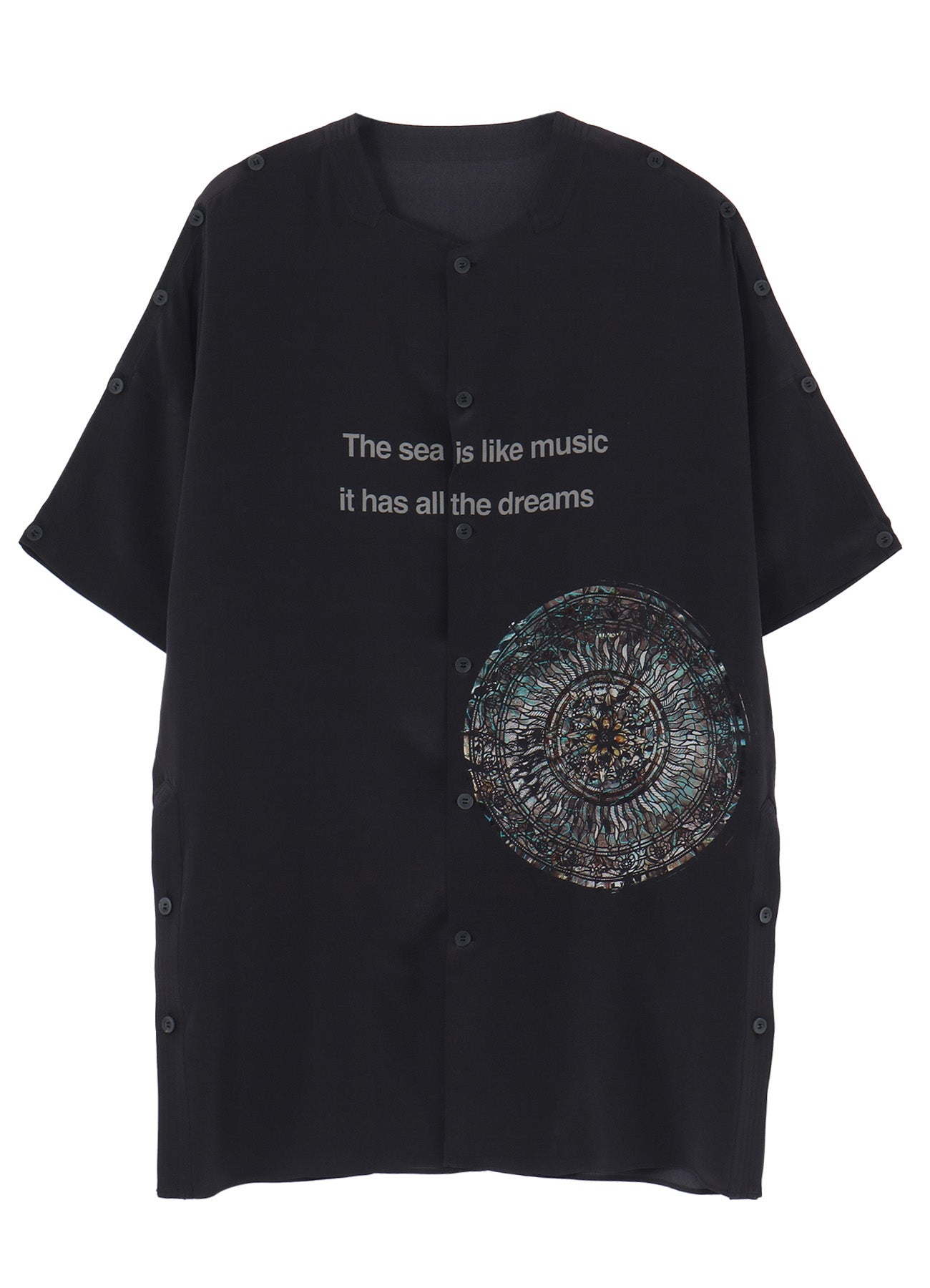 GREY/LINING COLLARLESS SHORT SLEEVE BLOUSE