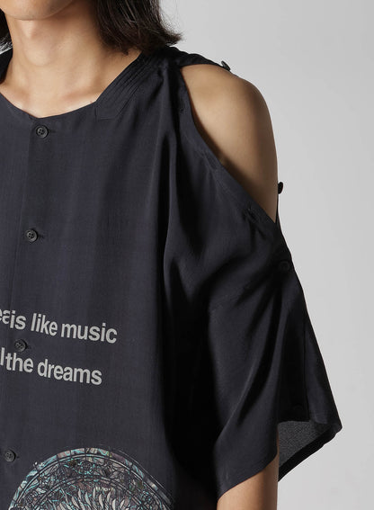 GREY/LINING COLLARLESS SHORT SLEEVE BLOUSE