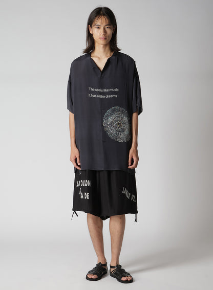 GREY/LINING COLLARLESS SHORT SLEEVE BLOUSE