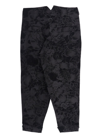WOOL GABARDINE FLORAL DISCHARGE-DYED SUSPENDERS PANTS