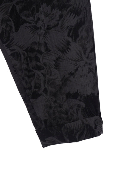 WOOL GABARDINE FLORAL DISCHARGE-DYED SUSPENDERS PANTS