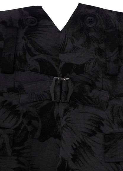 WOOL GABARDINE FLORAL DISCHARGE-DYED SUSPENDERS PANTS