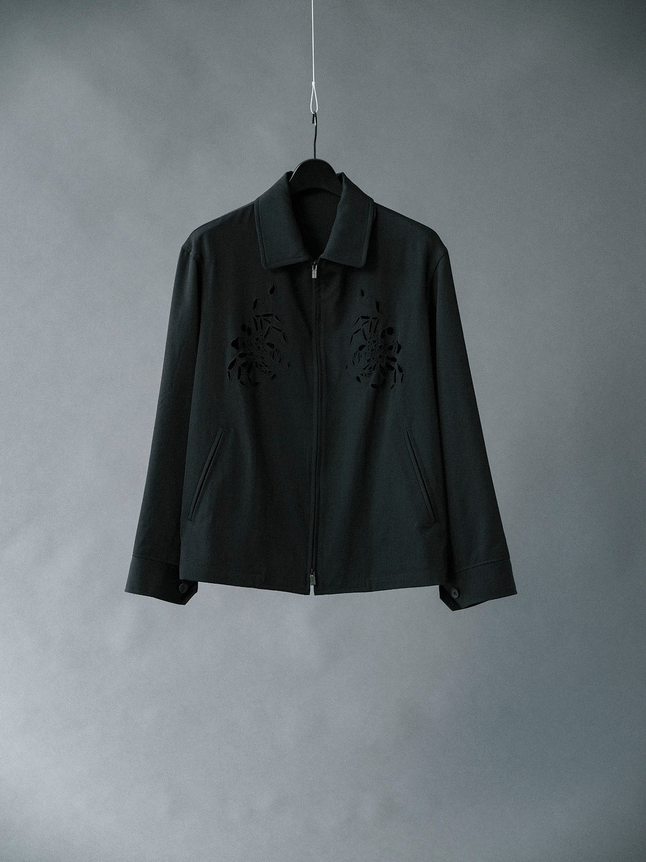 WOOL GABARDINE CUTWORK EMBROIDERY ZIPPER BLOUSON