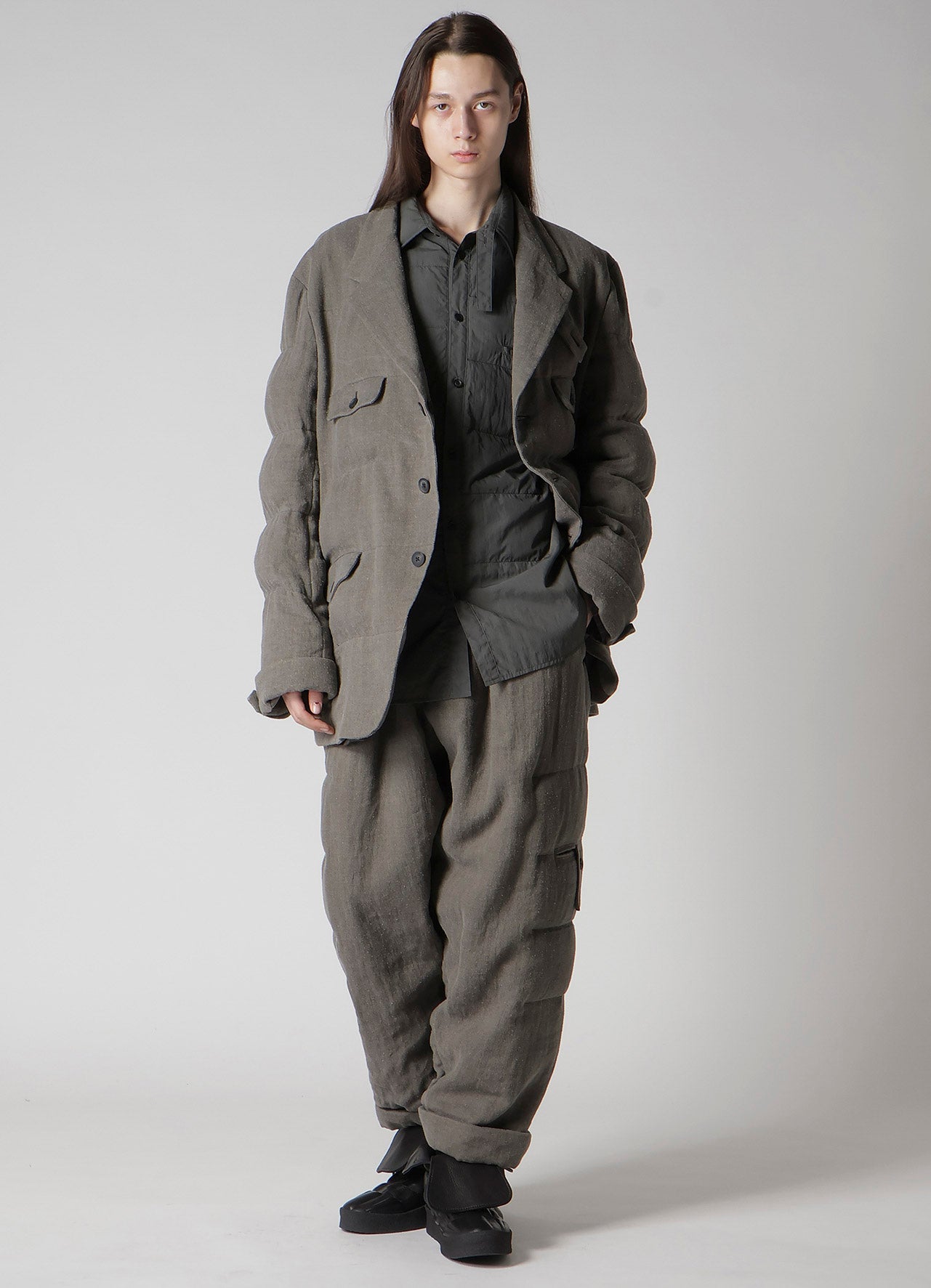 SILK LINEN INKED 3 BUTTONS HORIZONTAL PADDED JACKET