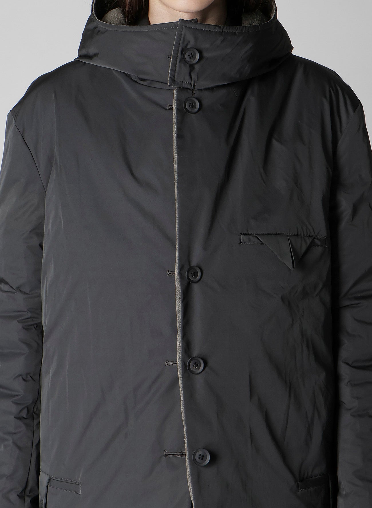 SILK LINEN DIAGONAL PADDED HOODED JACKET