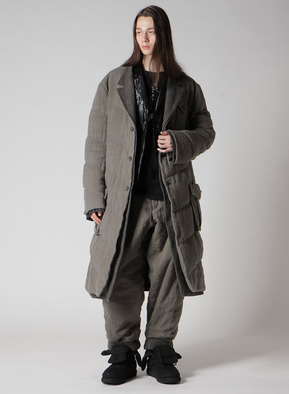 SILK LINEN 3BUTTONS DIAGONAL PADDED LONG JACKET
