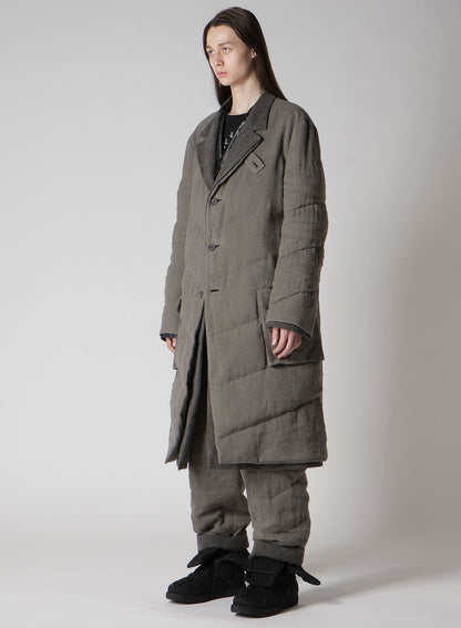 SILK LINEN 3BUTTONS DIAGONAL PADDED LONG JACKET
