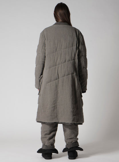 SILK LINEN 3BUTTONS DIAGONAL PADDED LONG JACKET