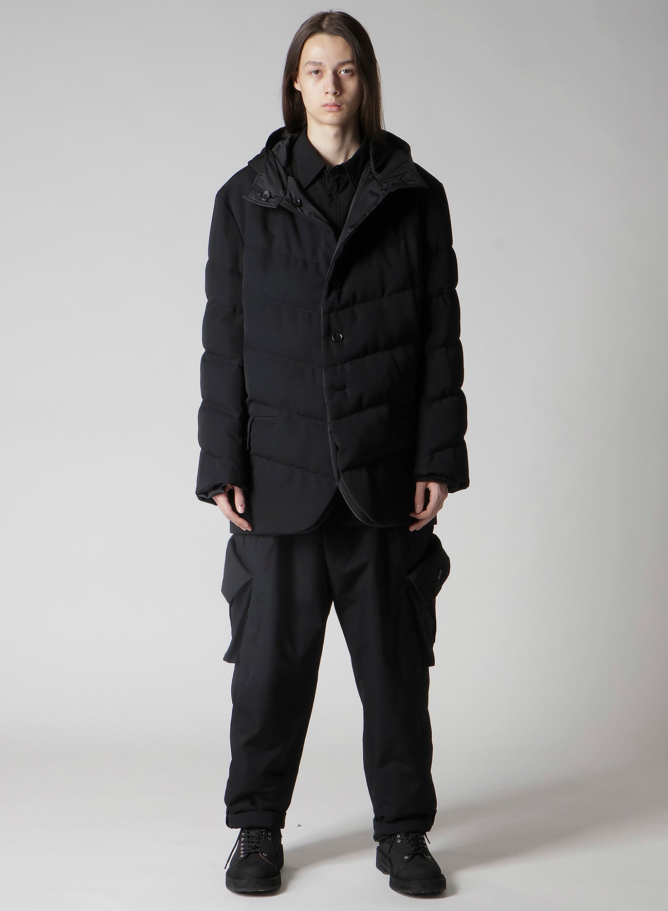 WOOL GABARDINE DIAGONAL PADDED HOODED JACKET – THE SHOP YOHJI YAMAMOTO