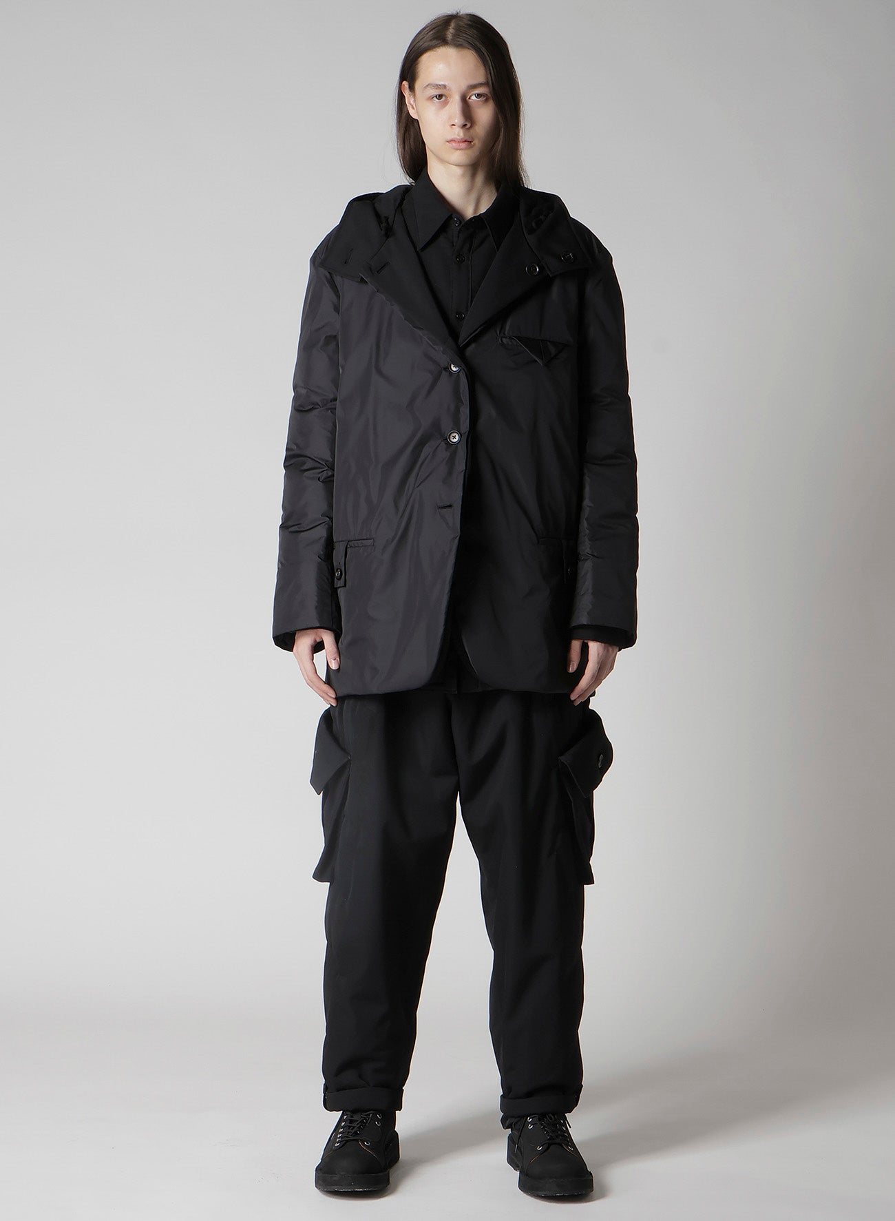 WOOL GABARDINE DIAGONAL PADDED HOODED JACKET