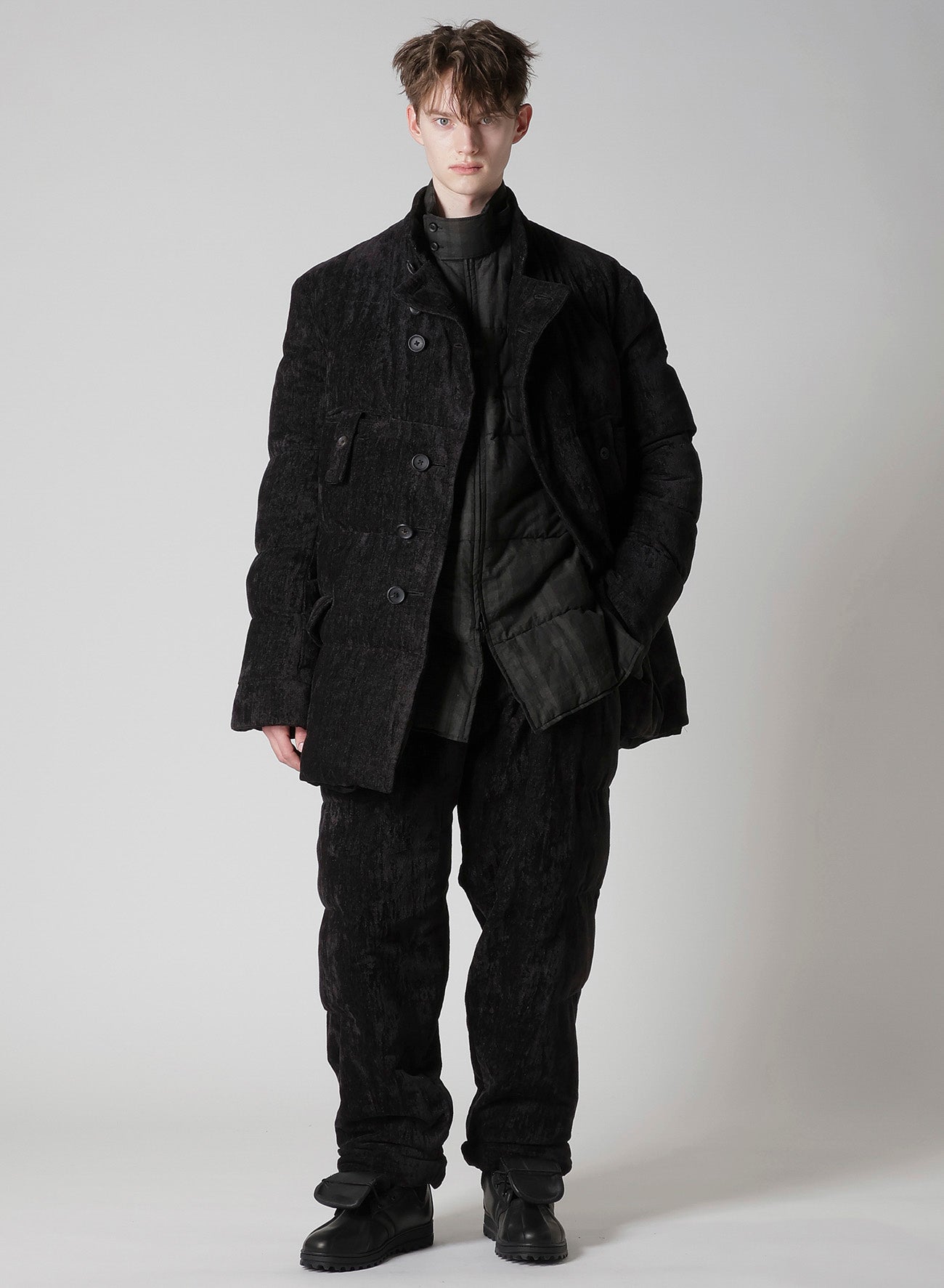 LINEN VELVET HORIZONTAL PADDED LONG JACKET – THE SHOP YOHJI YAMAMOTO