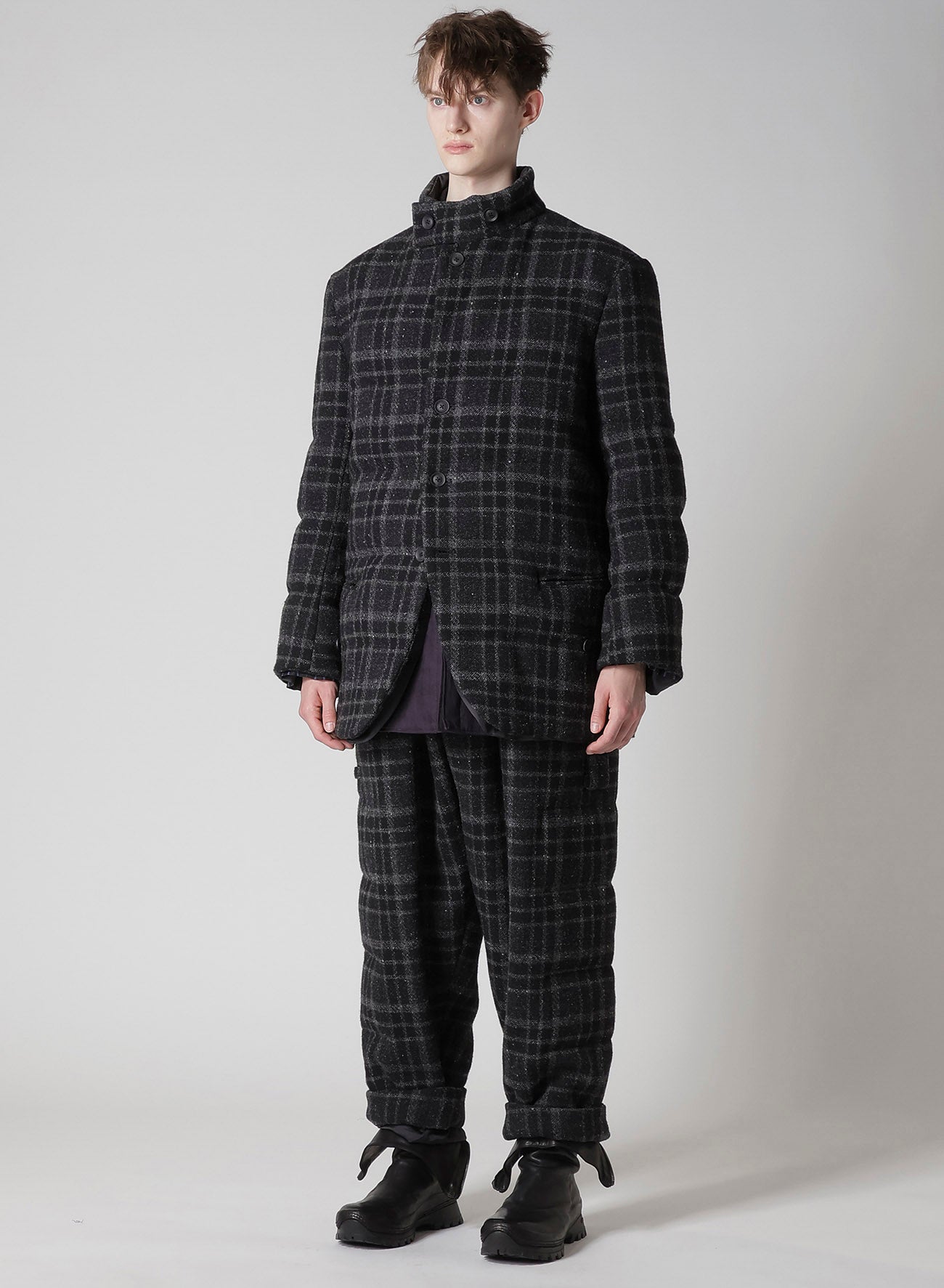 HORIZONTAL PADDED PLAID STAND JACKET