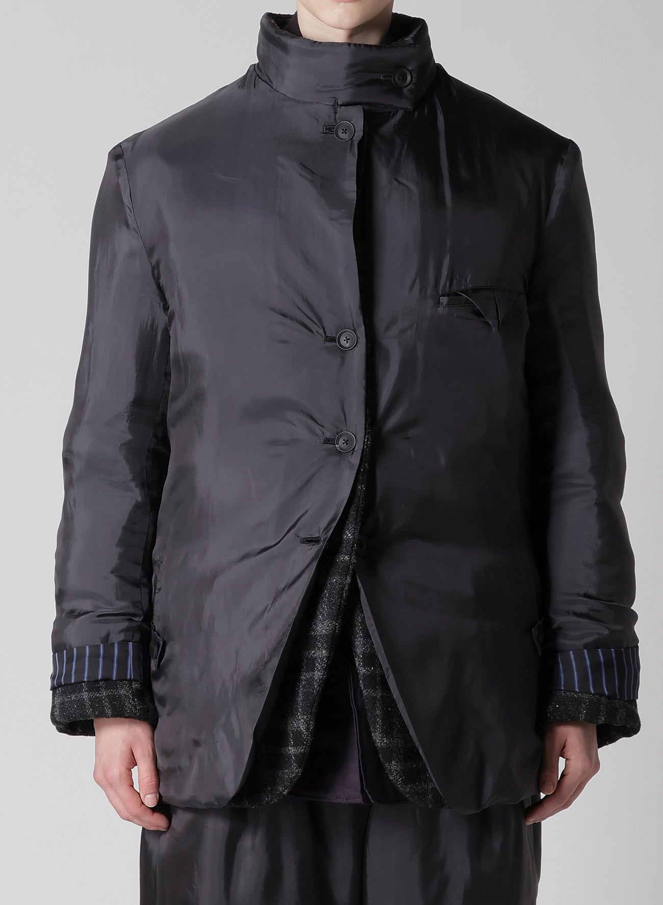 HORIZONTAL PADDED PLAID STAND JACKET