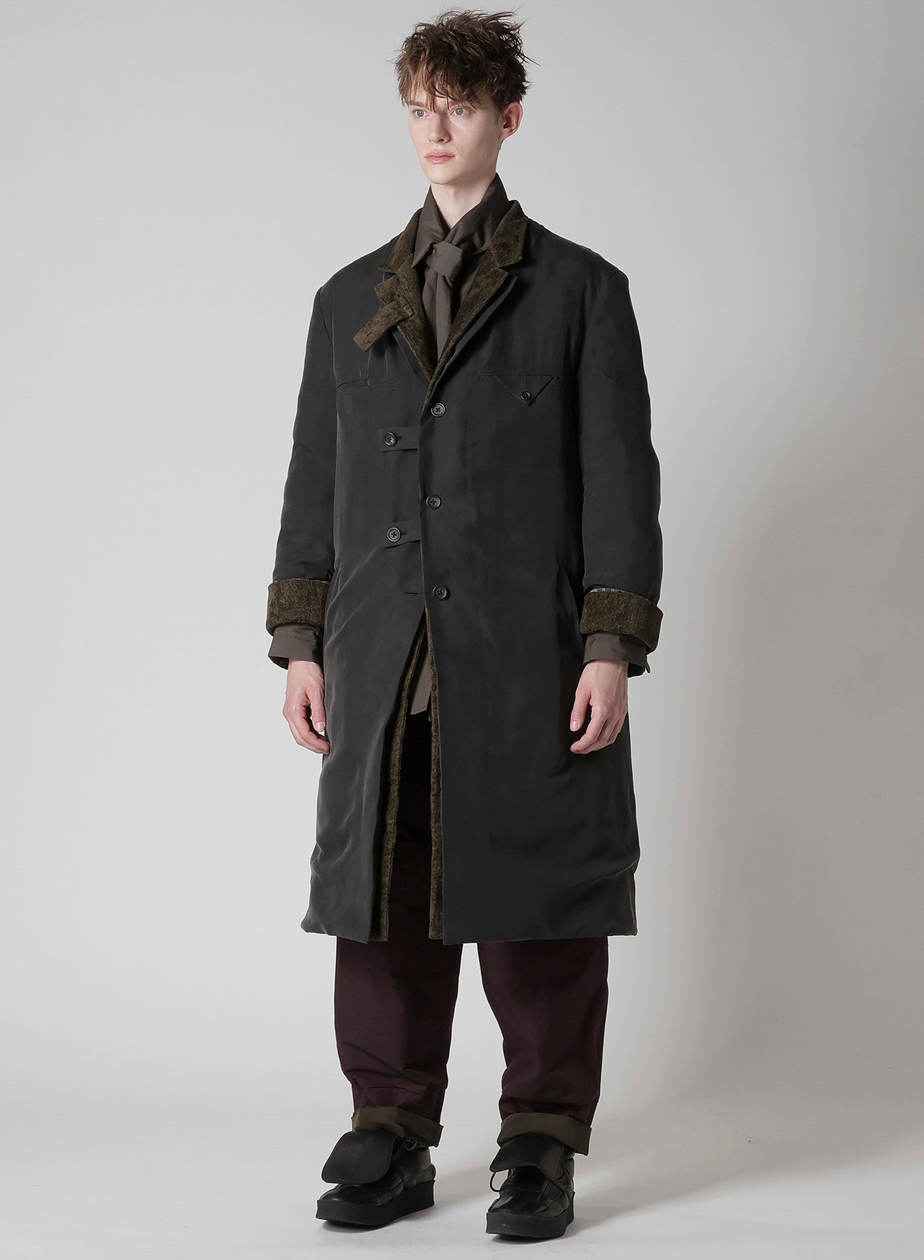 LINEN VELVET 3 BUTTONS DIAGONAL PADDED LONG JACKET