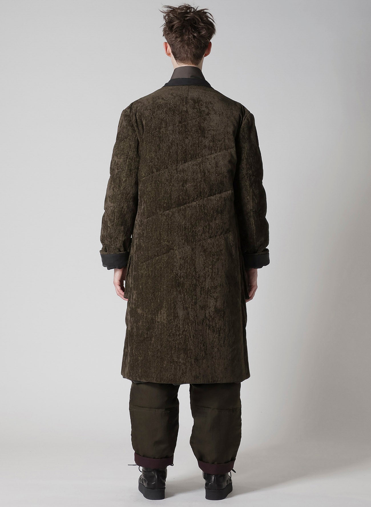 LINEN VELVET 3 BUTTONS DIAGONAL PADDED LONG JACKET – THE