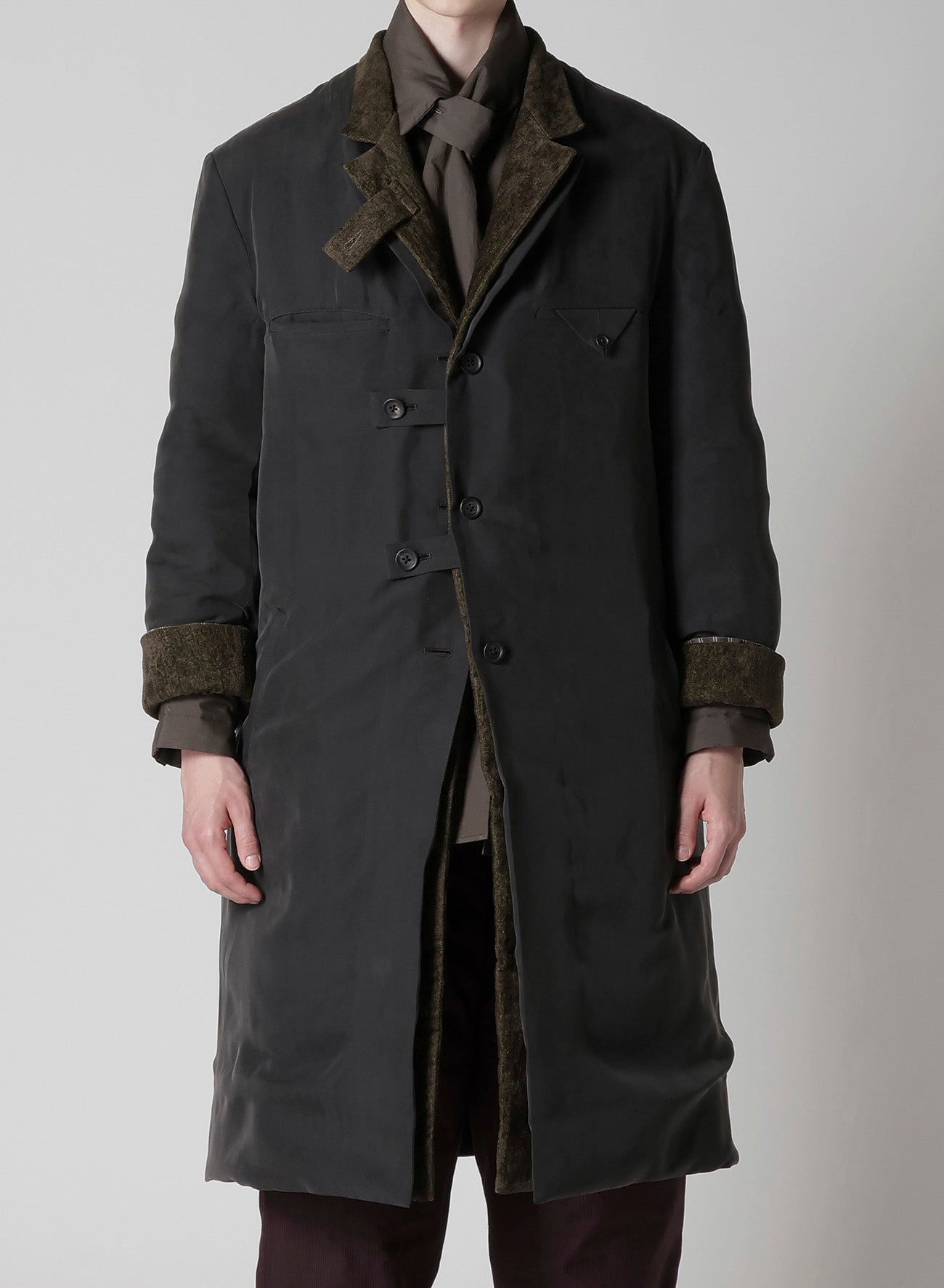 LINEN VELVET 3 BUTTONS DIAGONAL PADDED LONG JACKET