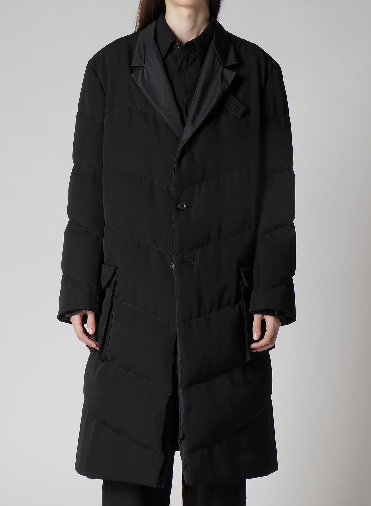 WOOL GABARDINE 3BUTTONS DIAGONAL PADDED LONG JACKET