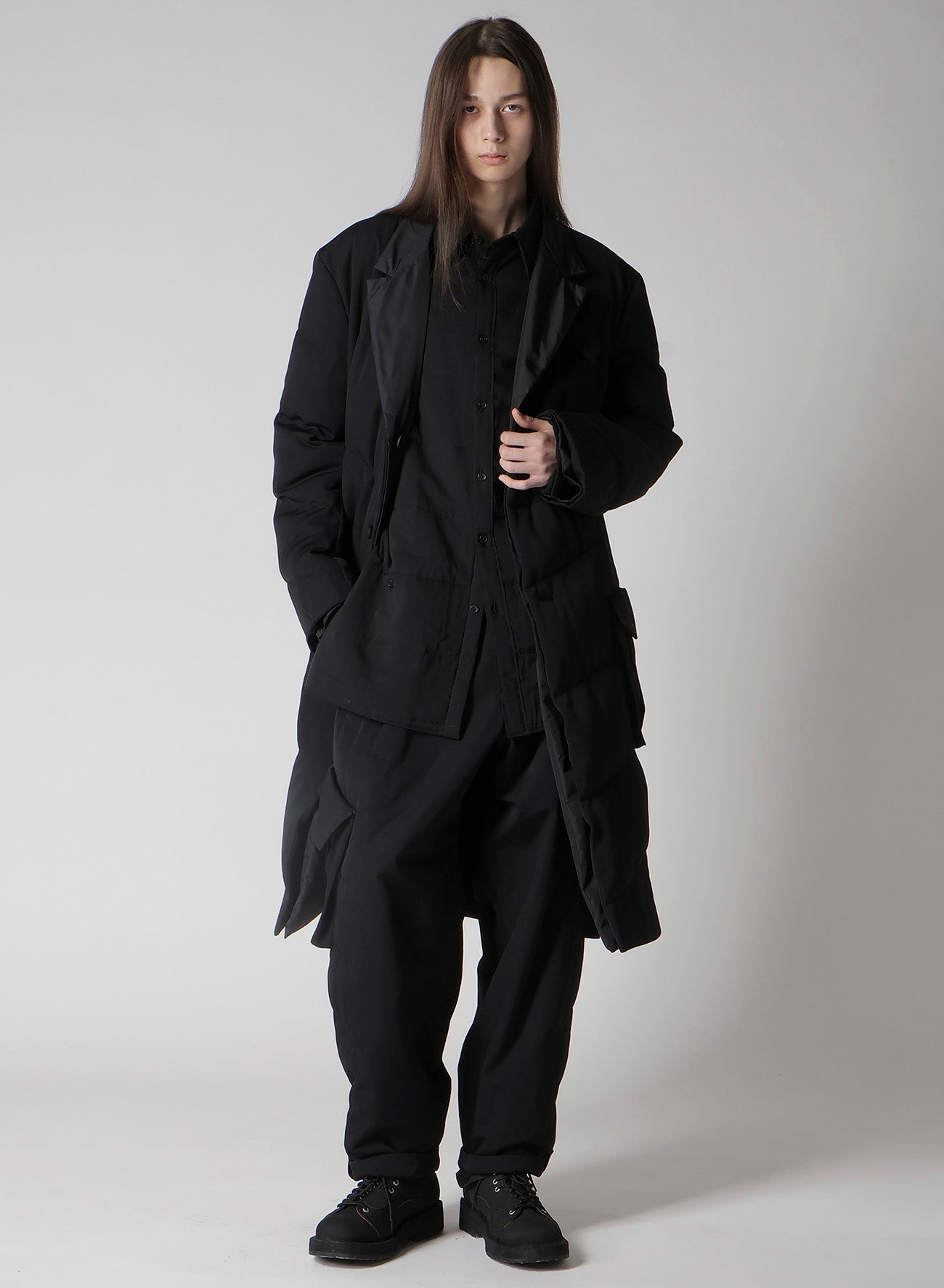 WOOL GABARDINE 3BUTTONS DIAGONAL PADDED LONG JACKET