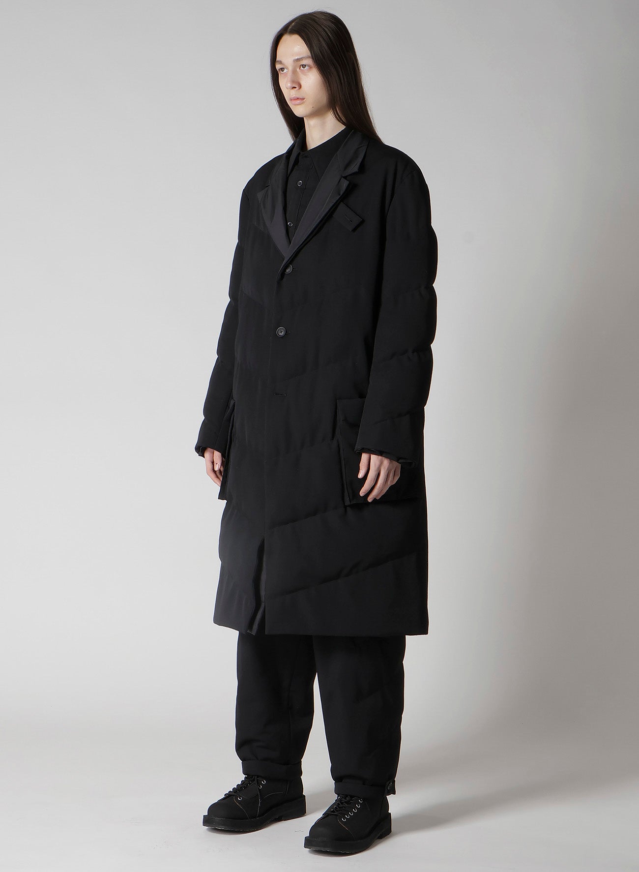 WOOL GABARDINE 3BUTTONS DIAGONAL PADDED LONG JACKET