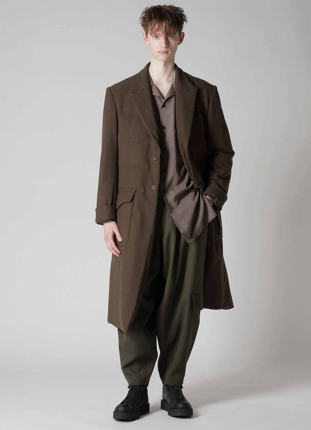 FLANNEL KHAKI 2BUTTONS PADDED LONG JACKET