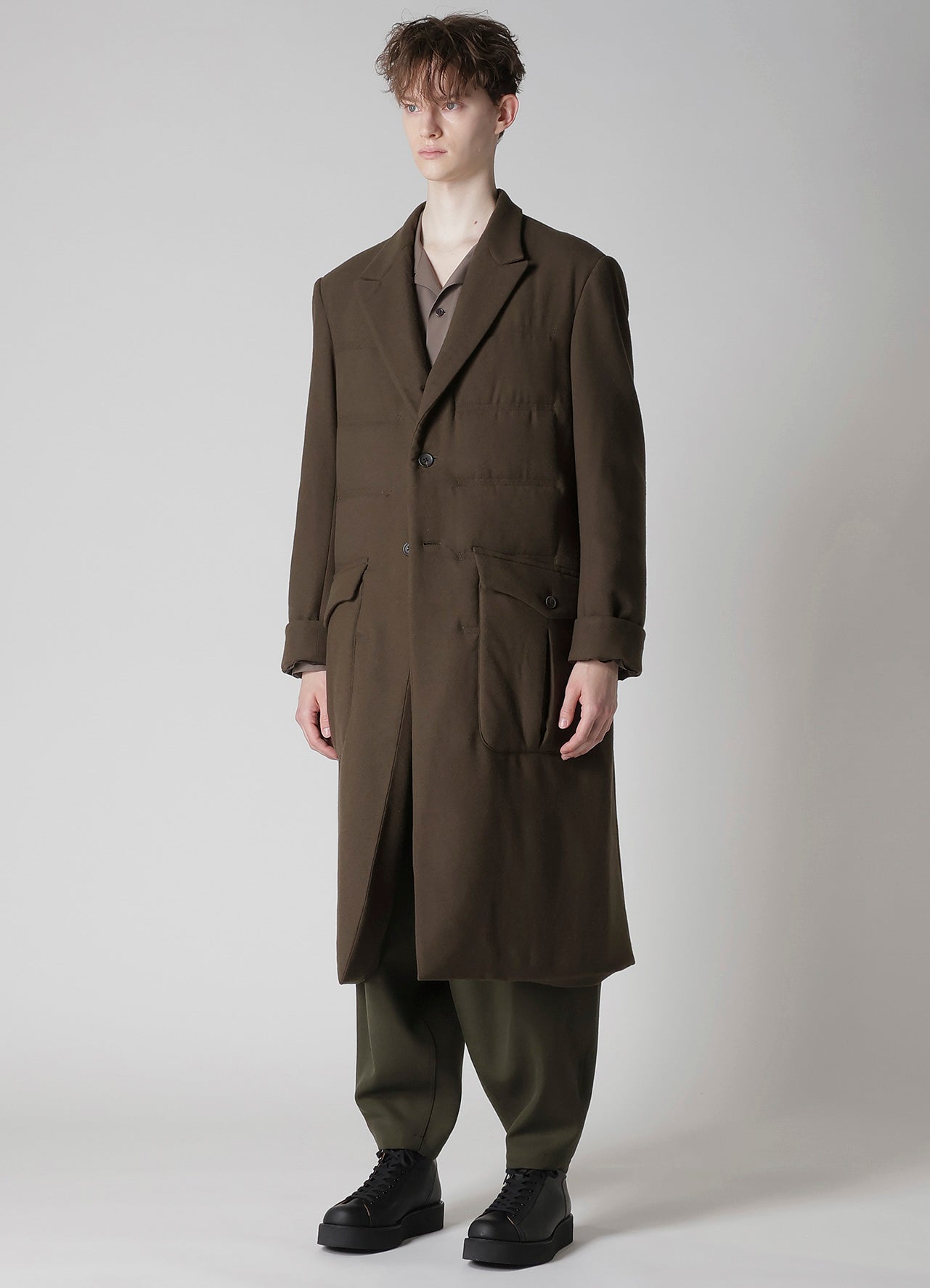 FLANNEL KHAKI 2BUTTONS PADDED LONG JACKET