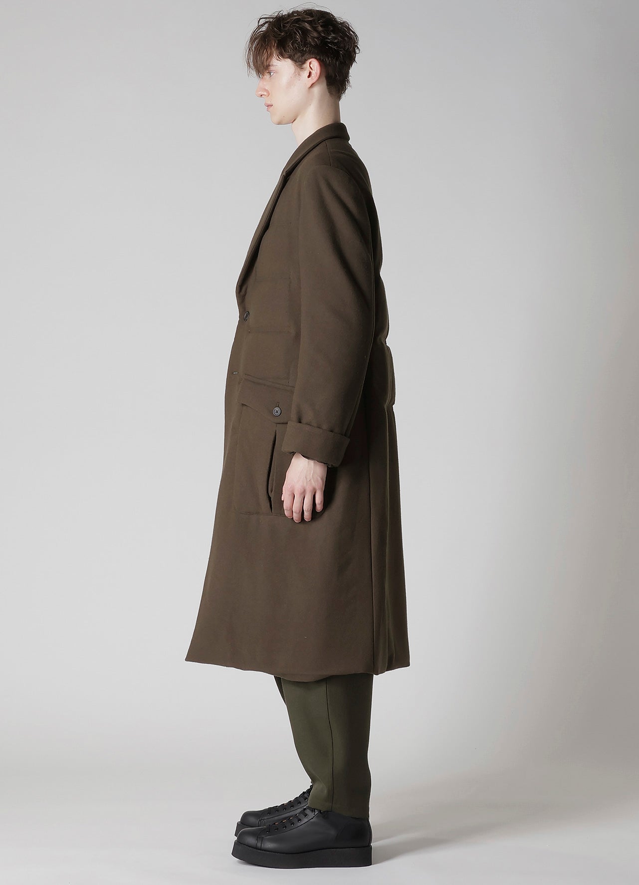 FLANNEL KHAKI 2BUTTONS PADDED LONG JACKET